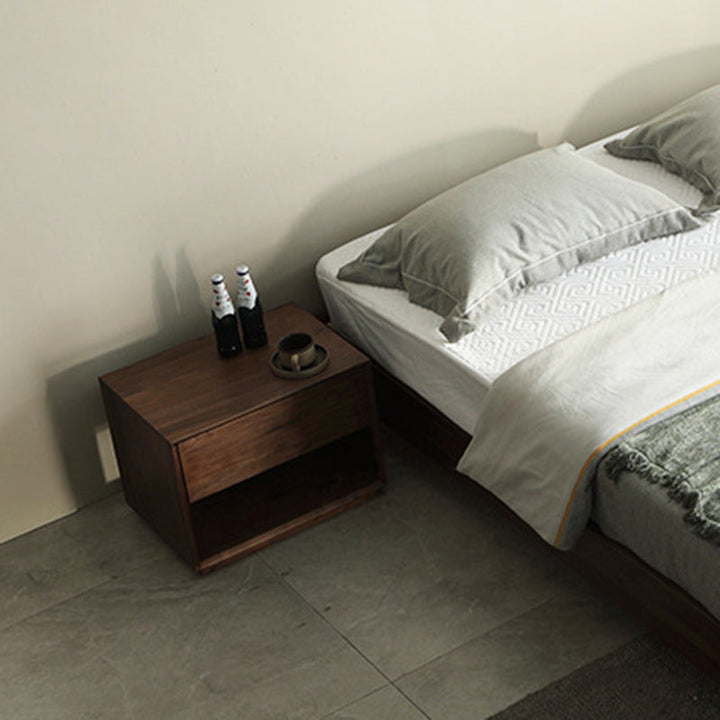 Modern Luxury Rectangular Black Walnut Paulownia Wood Nightstand 1-Drawer For Bedroom