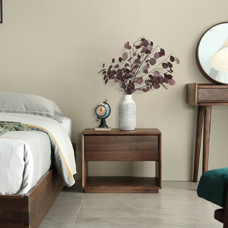 Modern Luxury Rectangular Black Walnut Paulownia Wood Nightstand 1-Drawer For Bedroom