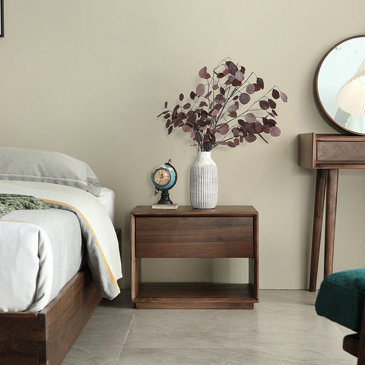 Modern Luxury Rectangular Black Walnut Paulownia Wood Nightstand 1-Drawer For Bedroom