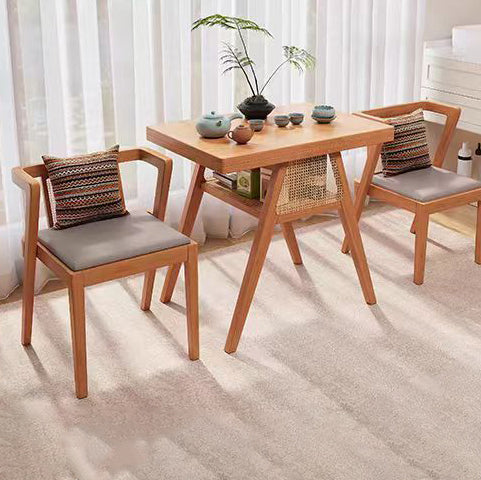 Contemporary Scandinavian Rectangular Tabletop Rubberwood Faux Rattan Coffee Table 1-Shelf For Living Room