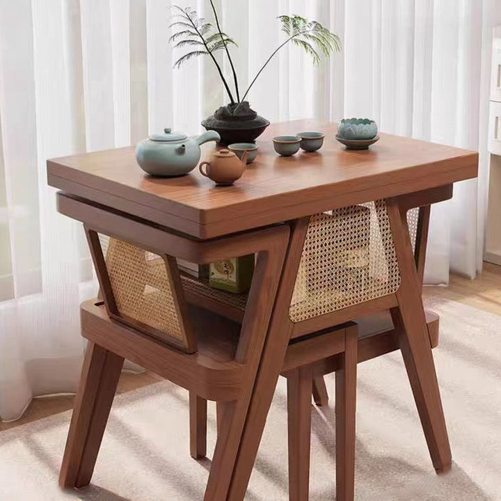 Contemporary Scandinavian Rectangular Tabletop Rubberwood Faux Rattan Coffee Table 1-Shelf For Living Room