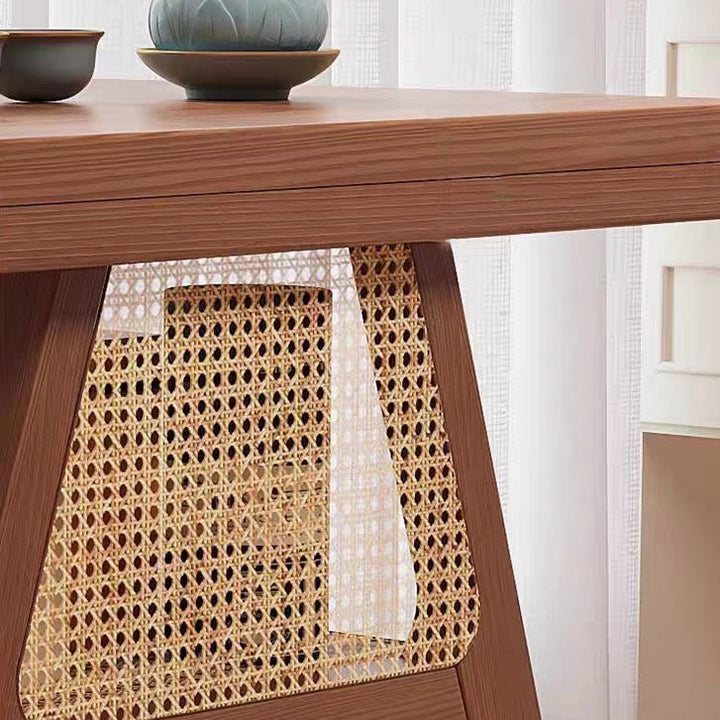 Contemporary Scandinavian Rectangular Tabletop Rubberwood Faux Rattan Coffee Table 1-Shelf For Living Room