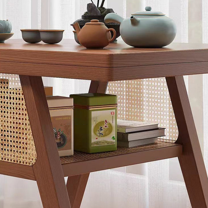 Contemporary Scandinavian Rectangular Tabletop Rubberwood Faux Rattan Coffee Table 1-Shelf For Living Room