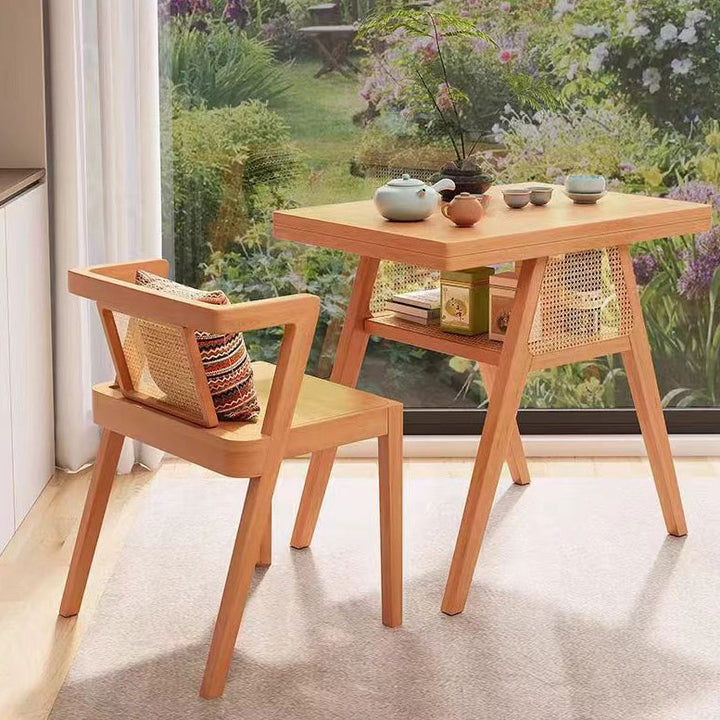 Contemporary Scandinavian Rectangular Tabletop Rubberwood Faux Rattan Coffee Table 1-Shelf For Living Room