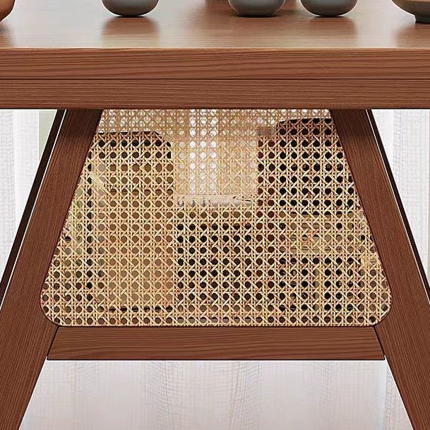 Contemporary Scandinavian Rectangular Tabletop Rubberwood Faux Rattan Coffee Table 1-Shelf For Living Room