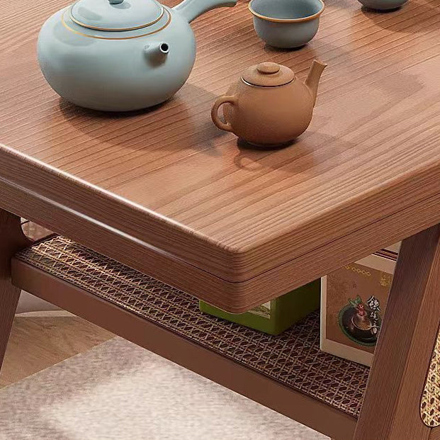 Contemporary Scandinavian Rectangular Tabletop Rubberwood Faux Rattan Coffee Table 1-Shelf For Living Room