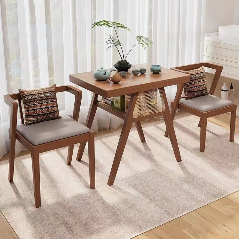Contemporary Scandinavian Rectangular Tabletop Rubberwood Faux Rattan Coffee Table 1-Shelf For Living Room