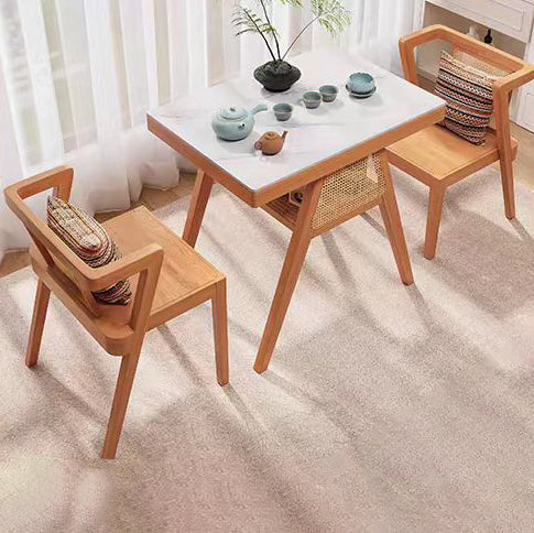 Contemporary Scandinavian Rectangular Tabletop Rubberwood Faux Rattan Coffee Table 1-Shelf For Living Room