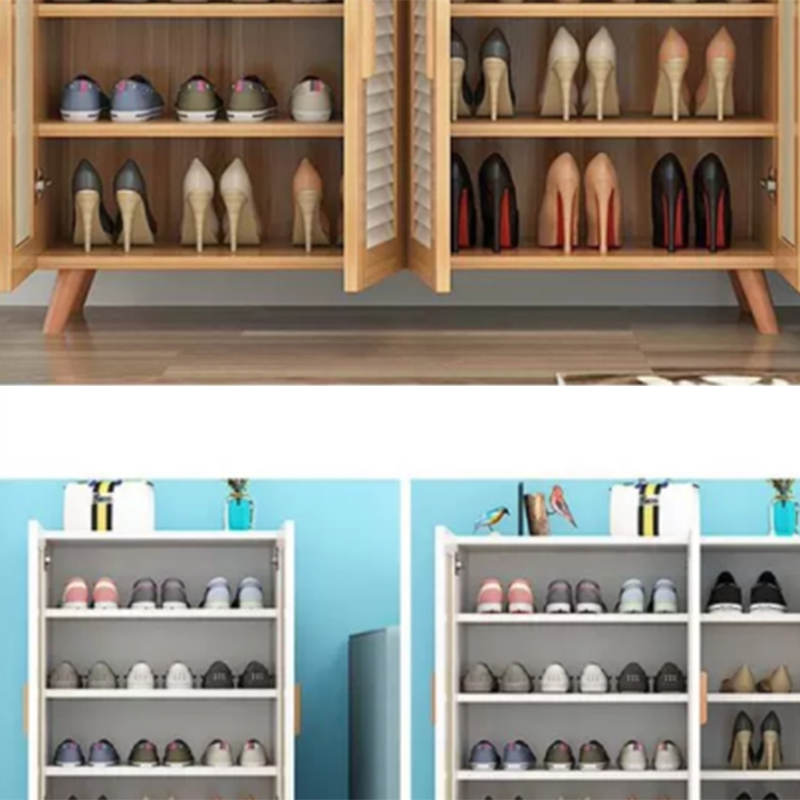 Contemporary Scandinavian Rectangular Eco-Friendly Engineered Wood Pine Core Panel Metal Shoe Storage 4-Tier For Entryways