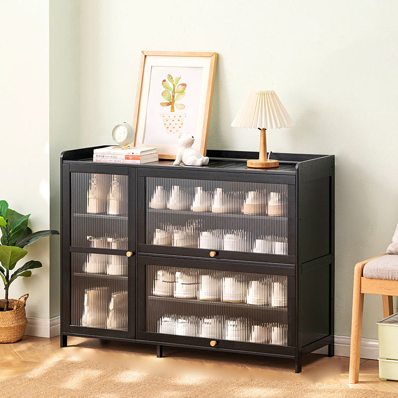 Rangement à chaussures moderne minimaliste rectangulaire en bambou, plastique et verre à 3 armoires pour entrées 