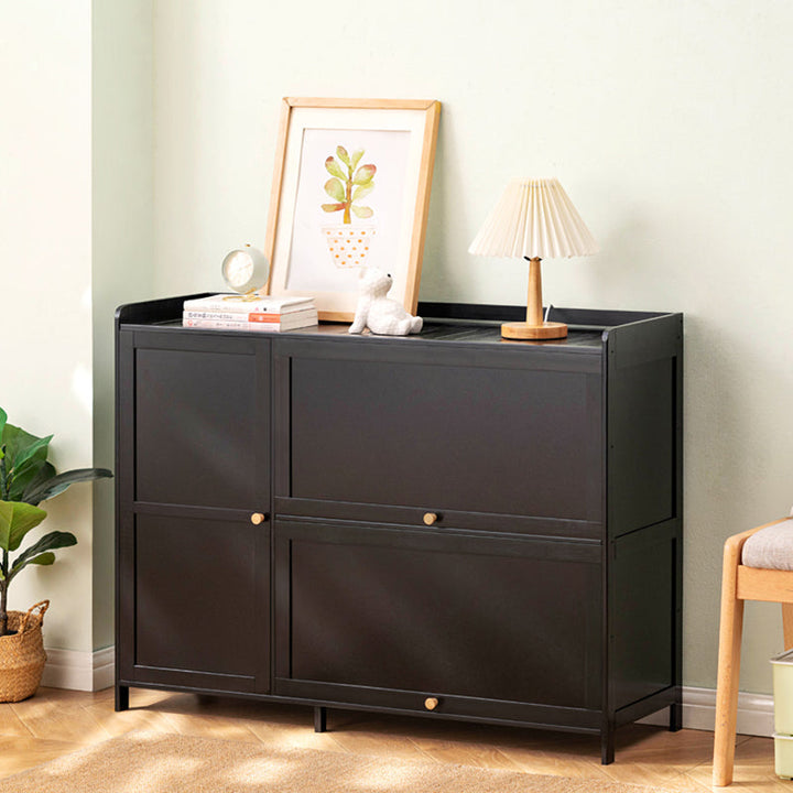 Rangement à chaussures moderne minimaliste rectangulaire en bambou, plastique et verre à 3 armoires pour entrées 