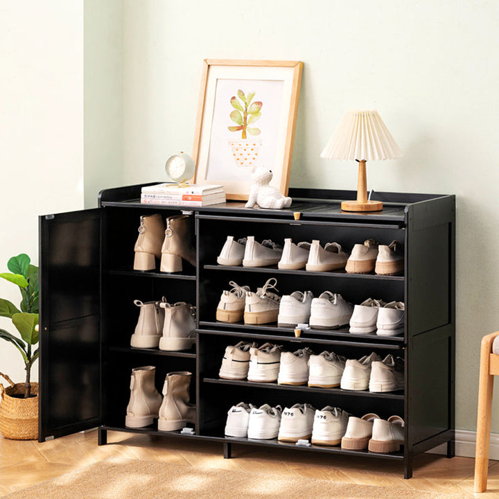 Rangement à chaussures moderne minimaliste rectangulaire en bambou, plastique et verre à 3 armoires pour entrées 
