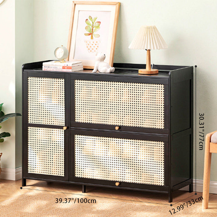 Rangement à chaussures moderne minimaliste rectangulaire en bambou, plastique et verre à 3 armoires pour entrées 