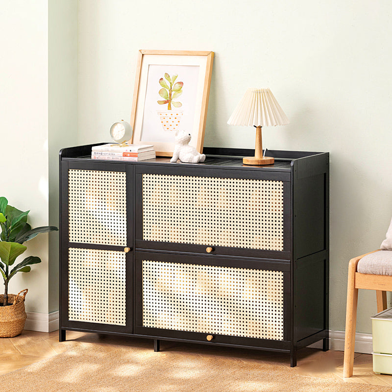 Rangement à chaussures moderne minimaliste rectangulaire en bambou, plastique et verre à 3 armoires pour entrées 