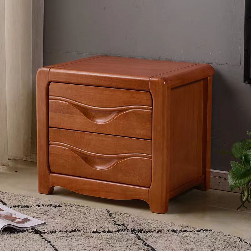 Modern Minimalist Square Rubberwood Plywood Nightstand 2-Drawer For Bedroom
