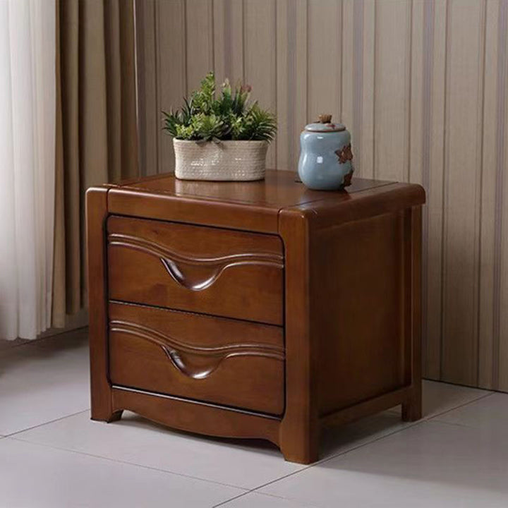 Modern Minimalist Square Rubberwood Plywood Nightstand 2-Drawer For Bedroom