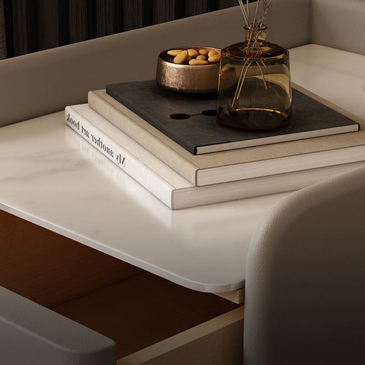 Table de chevet rectangulaire nordique contemporain en cuir microfibre bois massif acier au carbone 2 tiroirs pour chambre 