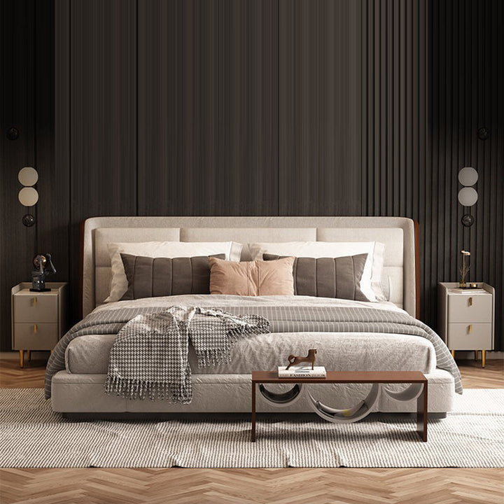 Table de chevet rectangulaire nordique contemporain en cuir microfibre bois massif acier au carbone 2 tiroirs pour chambre 