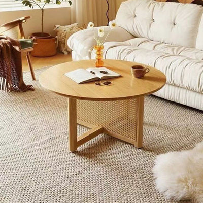 Traditional Japanese Round Solid Wood Rattan Coffee Table 4-Legs For Living Room