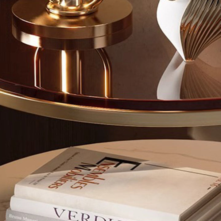 Modern Luxury Round Saddle-Style Faux Leather Glass Plywood Nightstand 1-Drawer For Bedroom