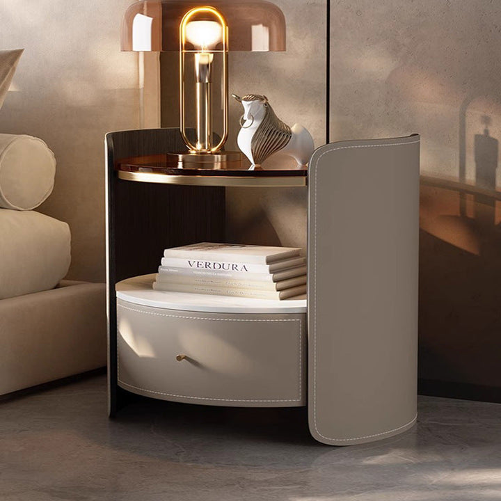 Modern Luxury Round Saddle-Style Faux Leather Glass Plywood Nightstand 1-Drawer For Bedroom