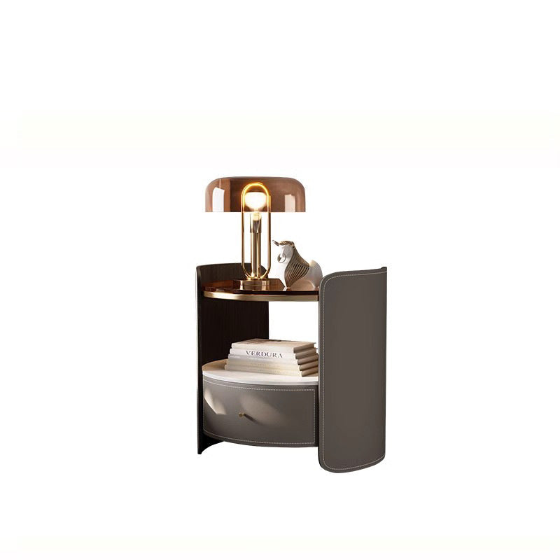 Modern Luxury Round Saddle-Style Faux Leather Glass Plywood Nightstand 1-Drawer For Bedroom