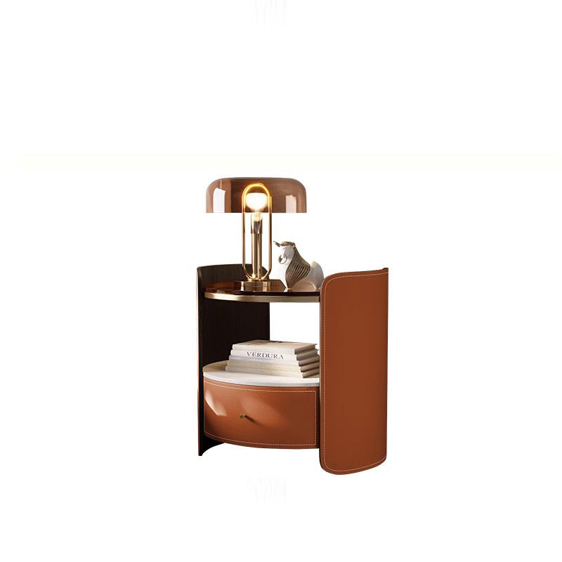 Modern Luxury Round Saddle-Style Faux Leather Glass Plywood Nightstand 1-Drawer For Bedroom