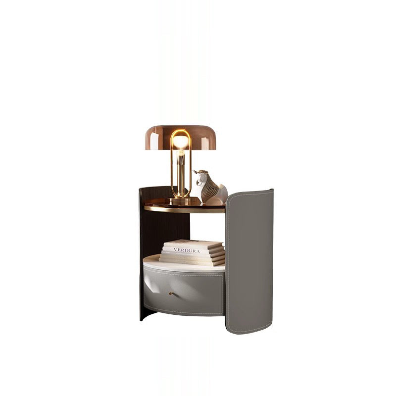 Modern Luxury Round Saddle-Style Faux Leather Glass Plywood Nightstand 1-Drawer For Bedroom