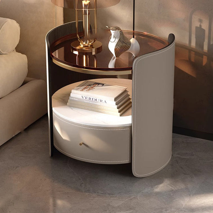 Modern Luxury Round Saddle-Style Faux Leather Glass Plywood Nightstand 1-Drawer For Bedroom
