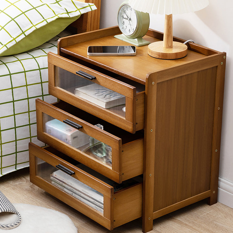Moderner minimalistischer rechteckiger Nachttisch aus Bambus-Verbundplatte, Glas und Kunststoff mit 1/3 Schubladen fürs Schlafzimmer 
