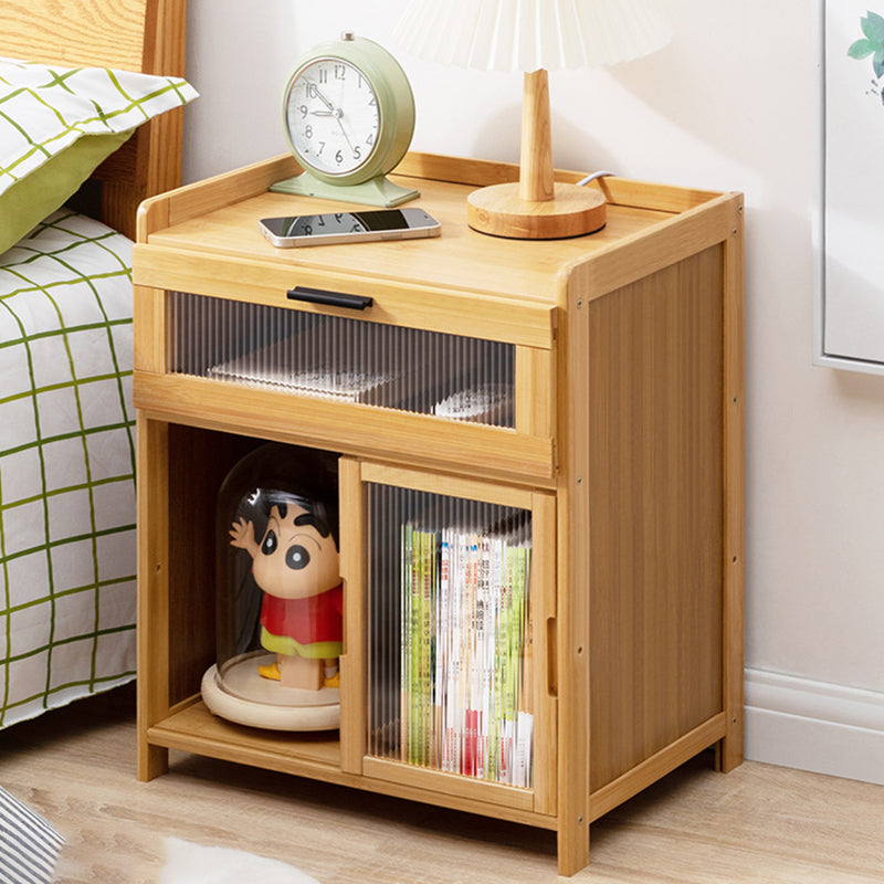 Moderner minimalistischer rechteckiger Nachttisch aus Bambus-Verbundplatte, Glas und Kunststoff mit 1/3 Schubladen fürs Schlafzimmer 
