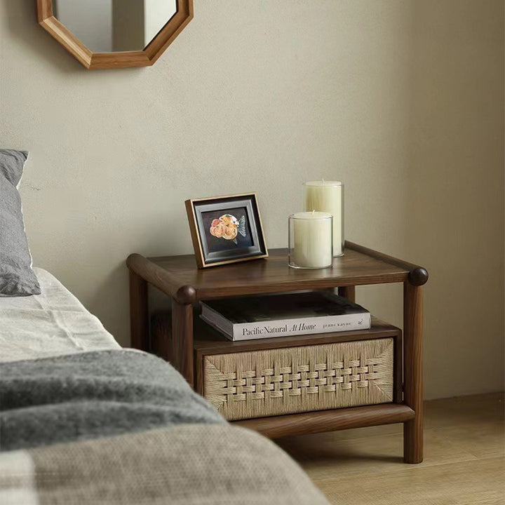 Traditional Japanese Rectangular Black Walnut Kraft Paper Twine Nightstand 1-Drawer For Bedroom