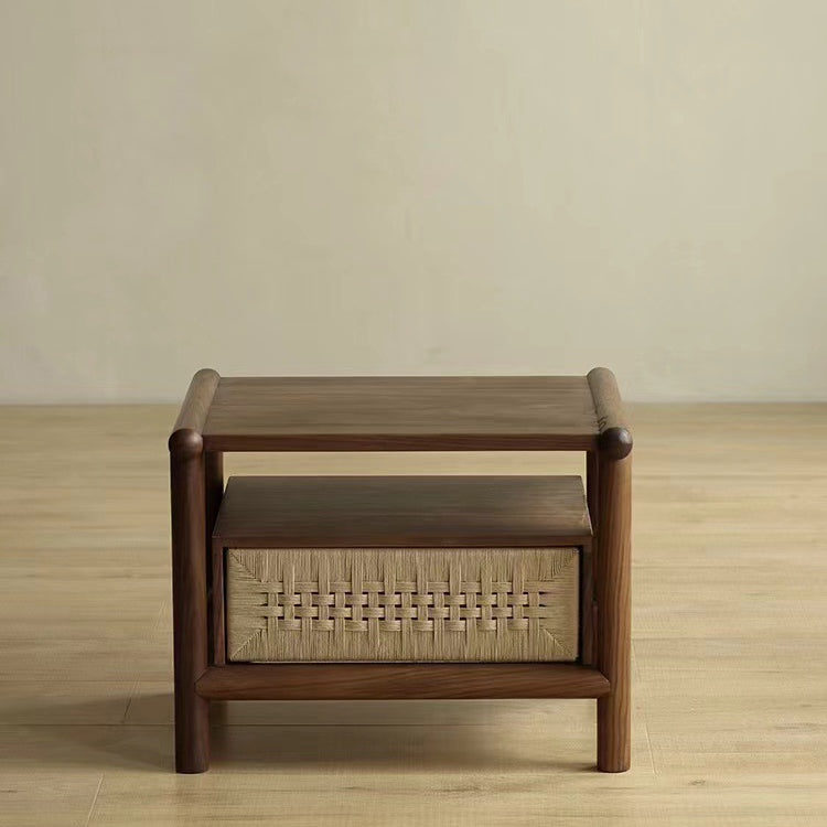 Traditional Japanese Rectangular Black Walnut Kraft Paper Twine Nightstand 1-Drawer For Bedroom