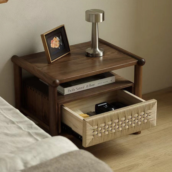 Traditional Japanese Rectangular Black Walnut Kraft Paper Twine Nightstand 1-Drawer For Bedroom