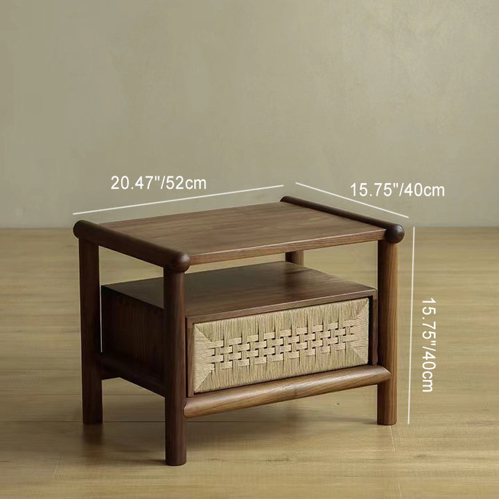 Traditional Japanese Rectangular Black Walnut Kraft Paper Twine Nightstand 1-Drawer For Bedroom