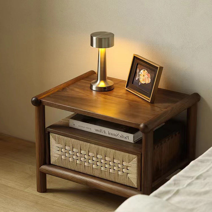 Traditional Japanese Rectangular Black Walnut Kraft Paper Twine Nightstand 1-Drawer For Bedroom