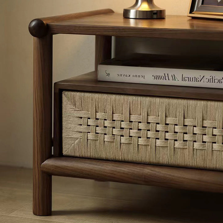 Traditional Japanese Rectangular Black Walnut Kraft Paper Twine Nightstand 1-Drawer For Bedroom
