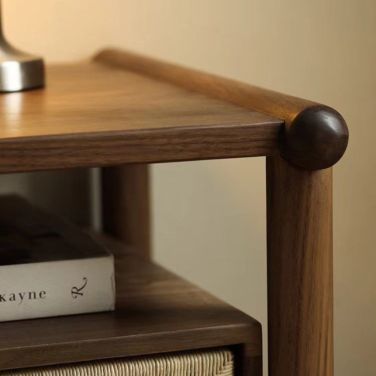 Traditional Japanese Rectangular Black Walnut Kraft Paper Twine Nightstand 1-Drawer For Bedroom