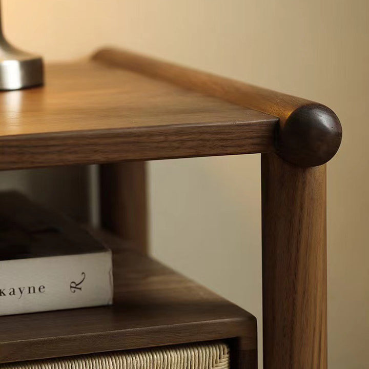 Traditional Japanese Rectangular Black Walnut Kraft Paper Twine Nightstand 1-Drawer For Bedroom