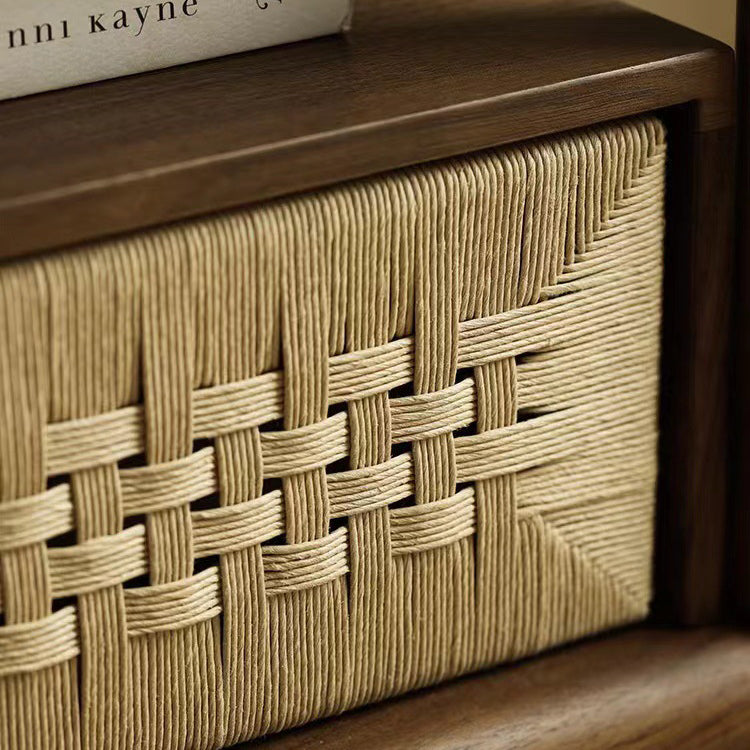 Traditional Japanese Rectangular Black Walnut Kraft Paper Twine Nightstand 1-Drawer For Bedroom