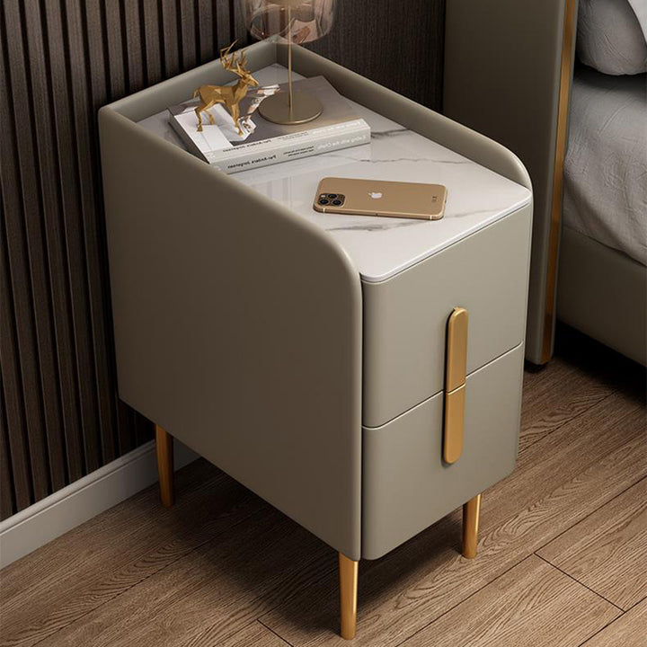 Modern Luxury Rectangular Rock Slab Microfiber Leather MDF Metal Nightstand 2-Drawer For Bedroom