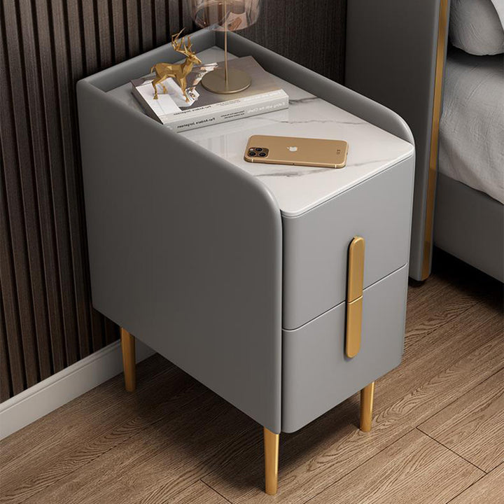 Modern Luxury Rectangular Rock Slab Microfiber Leather MDF Metal Nightstand 2-Drawer For Bedroom