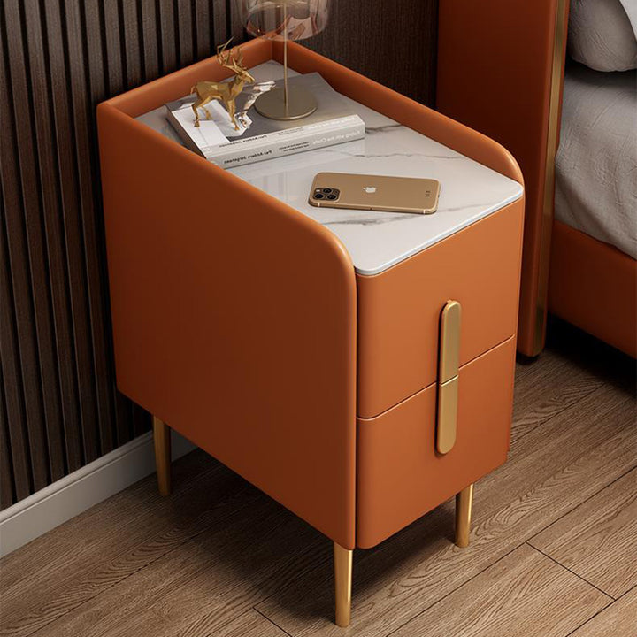 Modern Luxury Rectangular Rock Slab Microfiber Leather MDF Metal Nightstand 2-Drawer For Bedroom