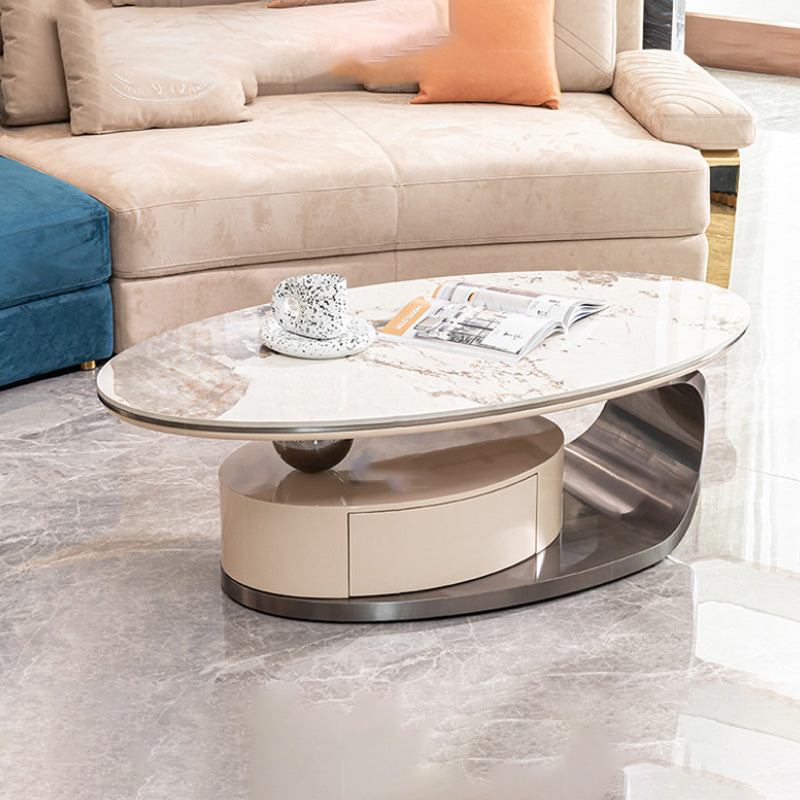 Modern Luxury Oval Stainless Steel Rock Slab Coffee Table 1-Drawer For Living Room