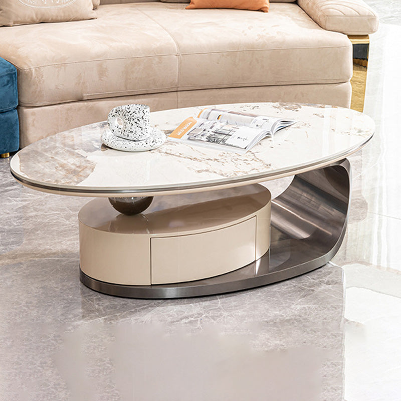 Modern Luxury Oval Stainless Steel Rock Slab Coffee Table 1-Drawer For Living Room