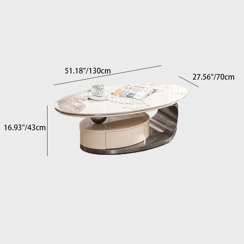 Modern Luxury Oval Stainless Steel Rock Slab Coffee Table 1-Drawer For Living Room
