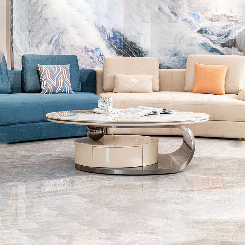 Moderner Luxus-Ovaler Couchtisch aus Edelstahl mit Steinscheibe und 1 – BulbSquare