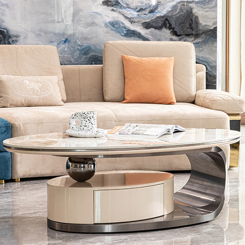 Modern Luxury Oval Stainless Steel Rock Slab Coffee Table 1-Drawer For Living Room