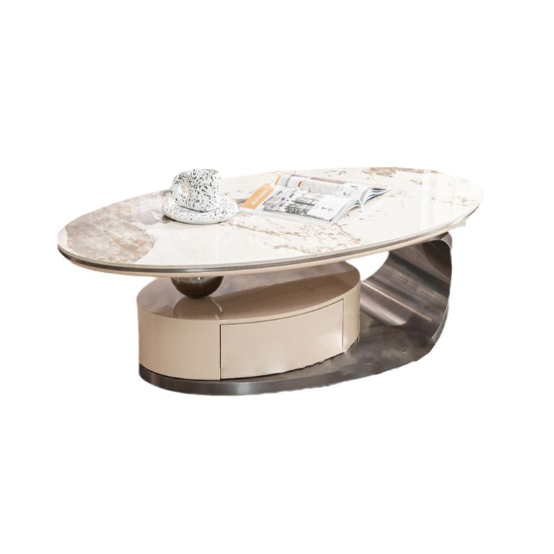 Modern Luxury Oval Stainless Steel Rock Slab Coffee Table 1-Drawer For Living Room