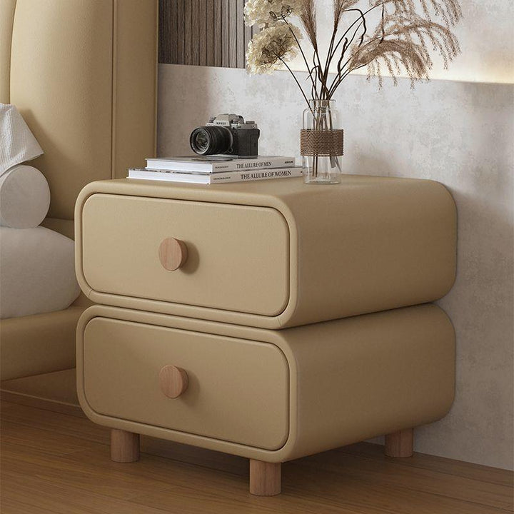 Contemporary Scandinavian Square Microfiber Leather Eco-Friendly Engineered Wood Nightstand 2-Drawer For Bedroom